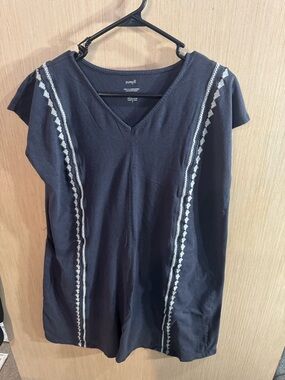 PureJill Navy Embroidered Cap Sleeve V-Neck Dress Size Medium